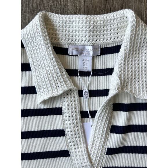 NWT Caroline Constas Ribbed Knit Crochet V-Neck Stripes Women’s Midi Dress Sz XL - Picture 4 of 9